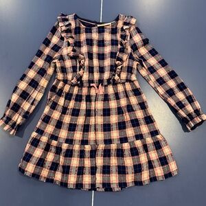 Size 6-7 Mini Boden Tiered dress with long sleeves and ruffles in Navy and Gold.